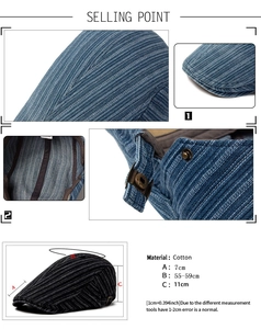Detailed close-up of blue striped cotton flat cap showing adjustable side metal buckles