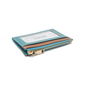 Slim RFID blocking card holder wallet in blue and brown leather with zipper pocket