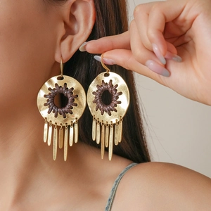 Bohemian Hollow Geometric Round Alloy Earrings With Leather Rope And Metal Tassels Vintage Style Fashion For Women