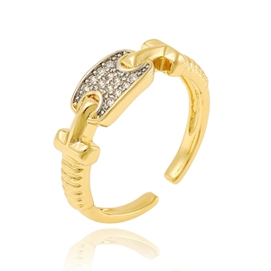 Adjustable gold heart ring with micro-paved zircons and horsebit chain link design