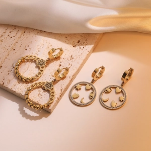 Boucles D'oreilles Pendantes Géométriques Creuses Acier Inoxydable Plaqué Or Étoile Céleste Lune Œil Cœur Strass Mode