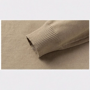 Slim fit men's khaki knit sweater with stand collar and ribbed cuff details