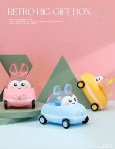Three retro toy cars in pink blue and yellow for baby birthday party gift boxes