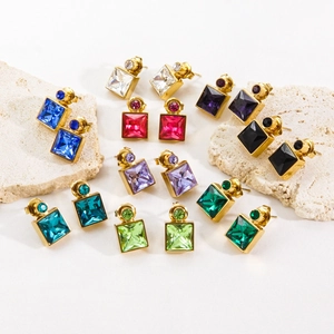 Square Stud Earrings Stainless Steel Gold Plated Colorful Cubic Zirconia Geometric Jewelry For Women Ins Style Elegant