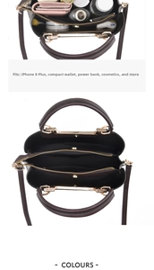 Vertical view of retro leather handbag interior with multiple compartments and capacity storage