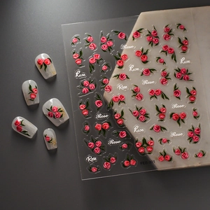 3D embossed red rose nail art stickers with leaves and Rose text on marble base