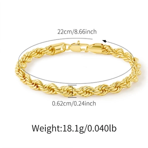 Detail view of 14K gold plated twist chain bracelet with size and weight dimensions