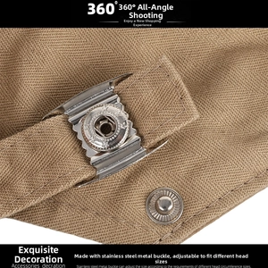 Detail of canvas beret with silver stainless steel buckle and star embossed button