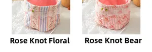 Detailed view of quilted desktop baskets with rose knots, floral patterns, and lace trim