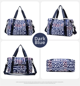 Four views of a large blue travel bag featuring dynamic red and white letter patterns