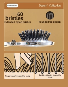 Close-up of 60 extended nylon bristles with rounded tips on a silver massage brush