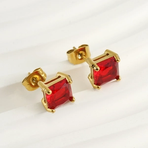 Detailed macro view of square red zircon stud earrings with premium 18k gold plated finish