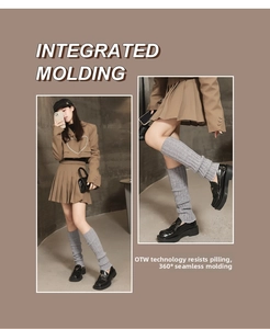 Detail showing OTW anti-pilling technology on grey wool knit leg warmers for women