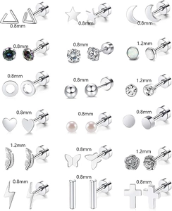 Various stainless steel stud earring set with moon heart star designs in 0.8mm and 1.2mm