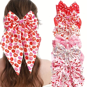 Large Bow Hair Clip With Long Streamer Heart Lip Print Fabric Valentine's Day Sweet Romantic Hair Accessory For Women