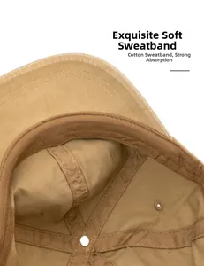 Detail of soft cotton sweatband with fine stitching on khaki vintage baseball cap