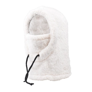 Close-up of white plush balaclava hood with soft faux fur texture and black drawstrings