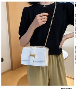 Detailed view of white crocodile texture faux leather bag with gold H clasp and chain strap