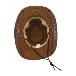 Chapeau de soleil en papier marron avec broderie florale bleue et mentonnière réglable