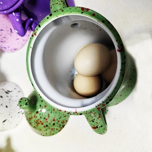 Ceramic storage canister with green dot pattern holding three brown eggs inside