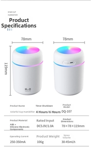 Technical specifications of the compact H2O humidifier with RGB lighting and size details