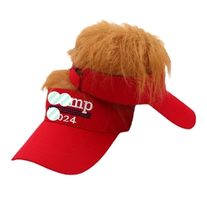 Red baseball cap with synthetic hair wig and white embroidery for election fans