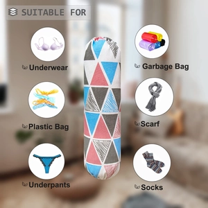 Detail of hanging fabric organizer with geometric triangles for socks and grocery bags