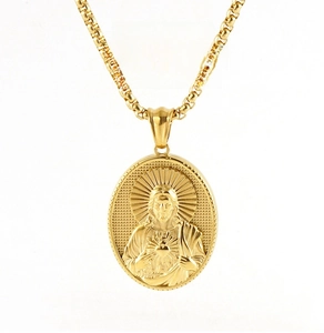 Detail view of 3D embossed Jesus oval pendant on a classic stainless steel box chain