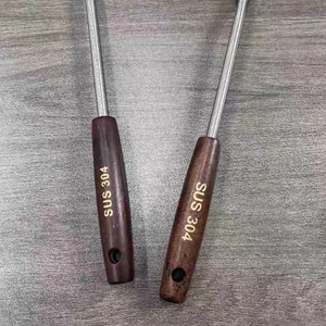 Detailed macro of SUS 304 stainless steel kitchen tool with an anti-scald wooden handle