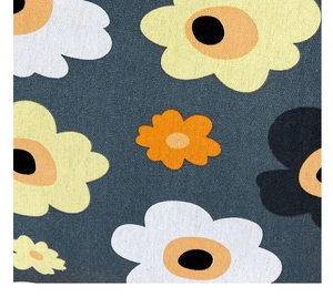Macro shot of colorful floral print on durable canvas fabric with visible texture
