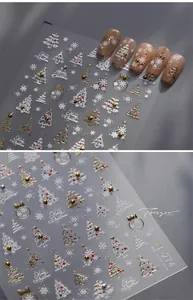 Macro detail of Christmas nail stickers with 5D embossed snowflakes and trees