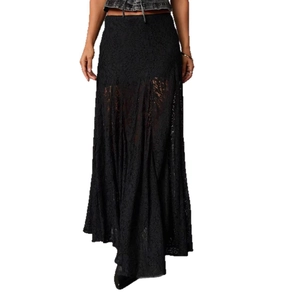 Elegant black lace sheer maxi skirt for women featuring a stylish high-waist summer design