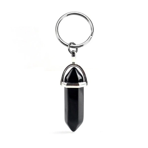 Natural obsidian hexagonal crystal pillar keychain with silver metal ring and holder