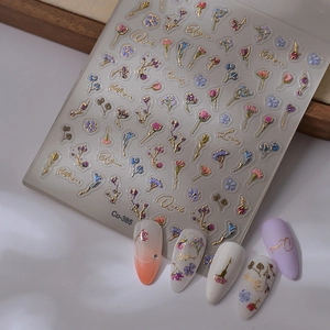 3D embossed floral nail stickers set with gold curves and vintage flower patterns