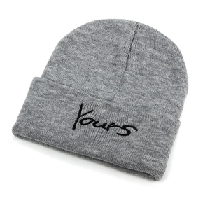 Stylish light grey knit beanie with black 'Yours' embroidery for outdoor winter wear