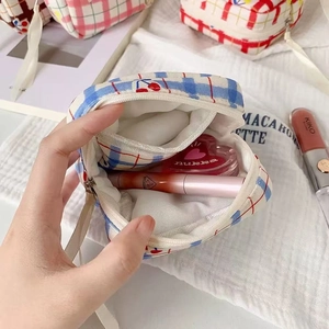Blauwe geruite mini canvas opbergtas met kersenpatroon voor cosmetica en oortjes