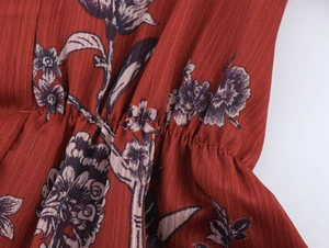 Macro detail of elastic smocking craft on vintage floral ethnic dress fabric