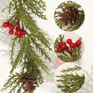 Artificial Christmas Garland With Red Berries Pine Cones Cypress Leaves Vine For Holiday Home Party Decoration Winter
