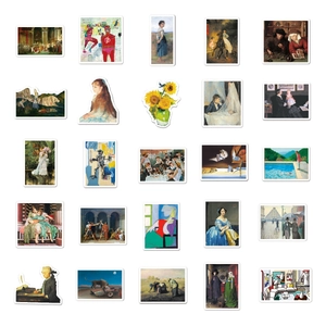 Detailed spread of 25 artistic oil painting stickers for notebooks and luggage decoration
