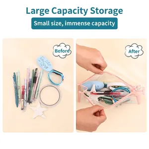Transparent PVC pencil case with pink trim and a large capacity for school stationery