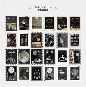 Macro view of 24 vintage astronomy stamp stickers featuring moon phases and planet designs