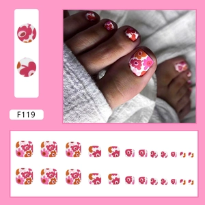 Matte floral kaleidoscope press-on toenails set F119 with vibrant orange flower patterns