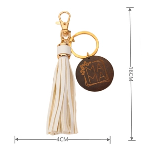 Fashionable MAMA wooden tag tassel keychain with white PU leather and golden metal clasp