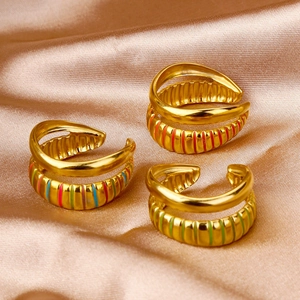 Three-piece set of 18K gold plated open rings with colorful enamel stripes on silk