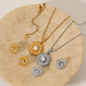 Zirconia sunflower jewelry set in gold and silver finish with earrings and necklaces