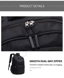 Detail of smooth two-way zippers on durable black nylon business laptop backpack