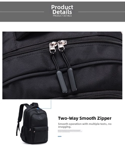 Detail of smooth two-way zippers on durable black nylon business laptop backpack