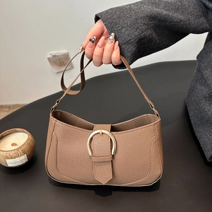 Brown lychee pattern faux leather underarm bag with decorative gold metal buckle