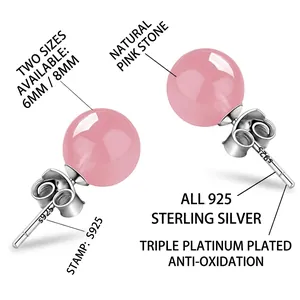 925 sterling silver stud earrings featuring round natural pink quartz stone beads