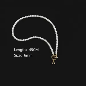 Elegant 45cm pearl necklace with golden OT clasp and capital letter A pendant charm